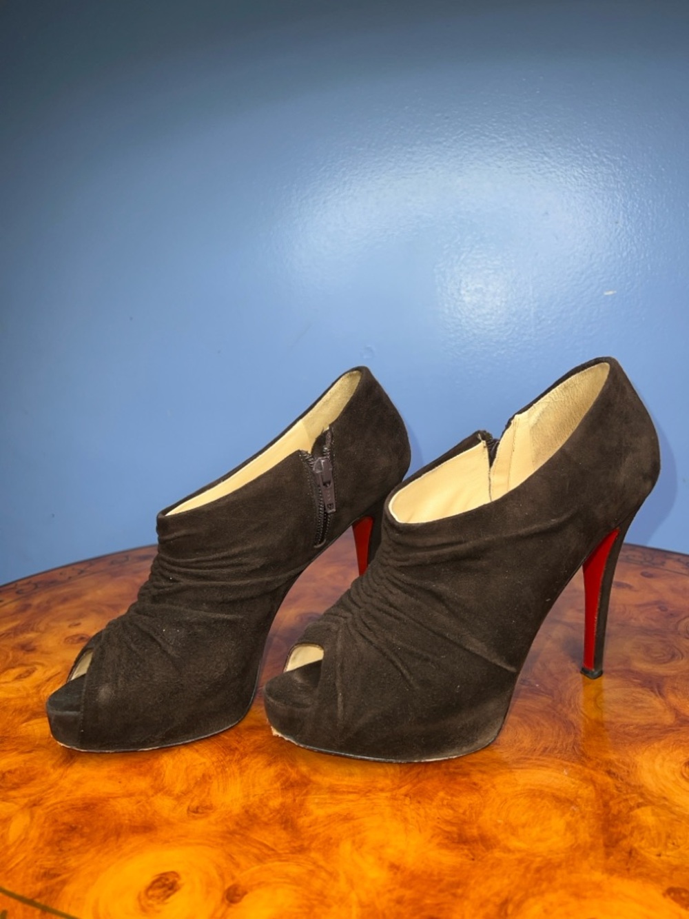 Christian Louboutin Black Suede Peep-Toe Booties